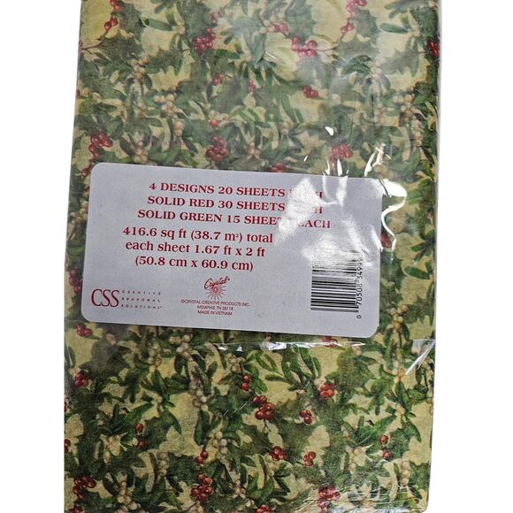 Vintage 1970s Lot of 65 Sheets of Christmas Tissue Paper Green Red Holly Print - Picture 2 of 3